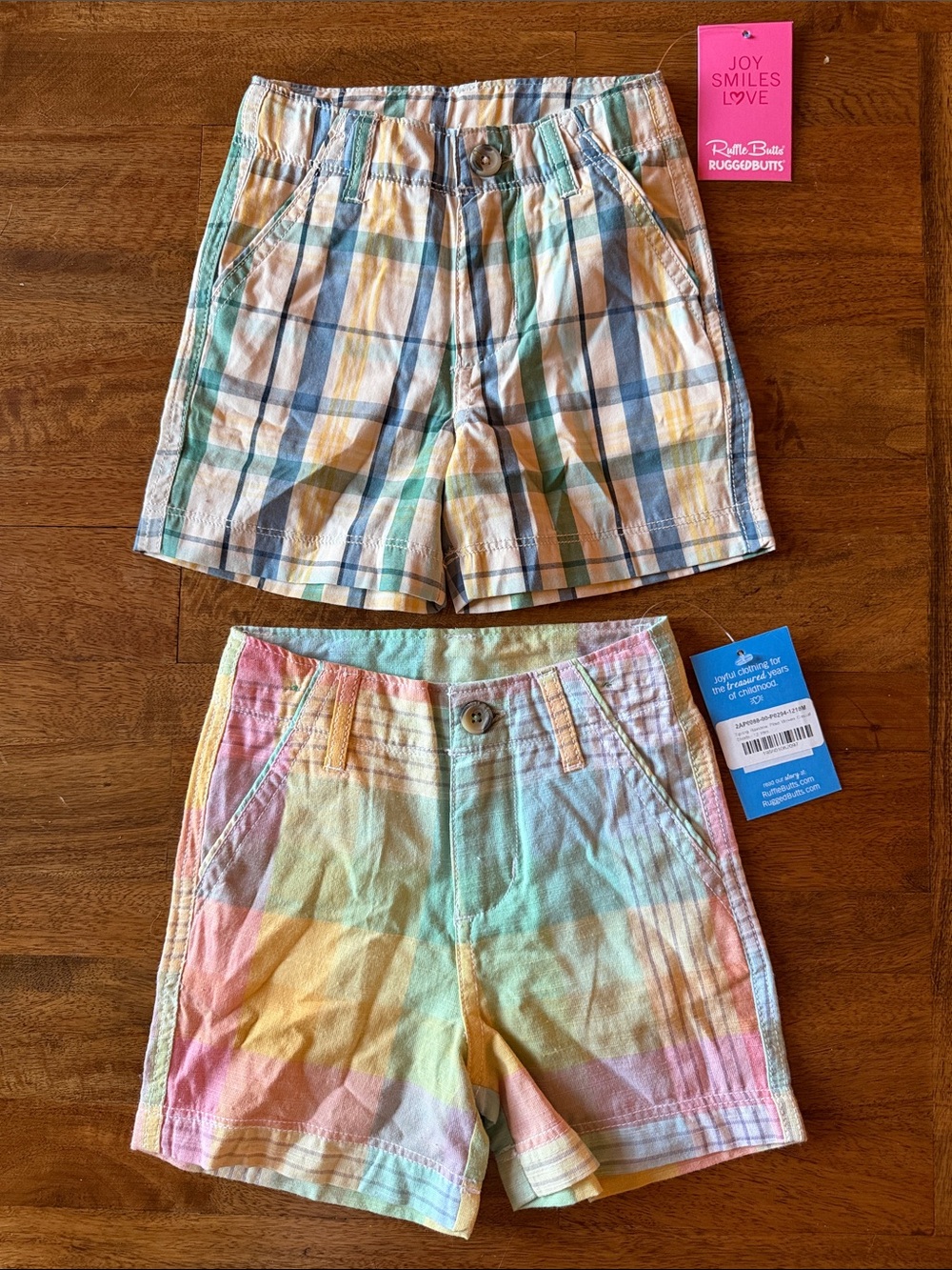 NWT RuggedButts Plaid & Pastel Rainbow Shorts Duo Size 12-18M
